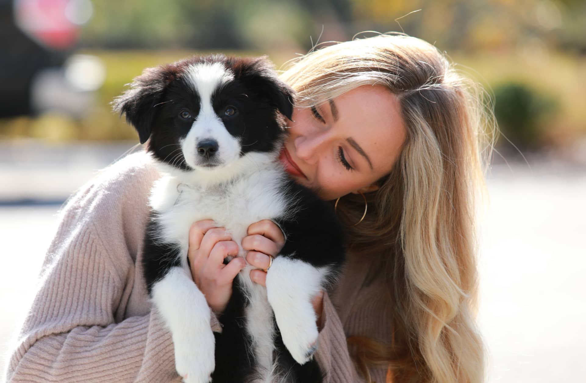 a woman holding a dog
