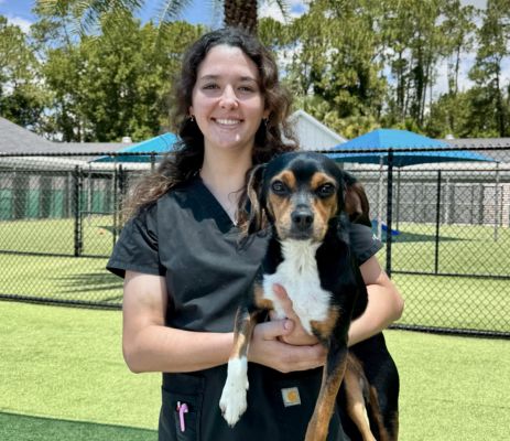 a woman holding a dog