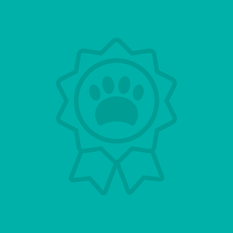 a blue background with a paw print on a ribbon