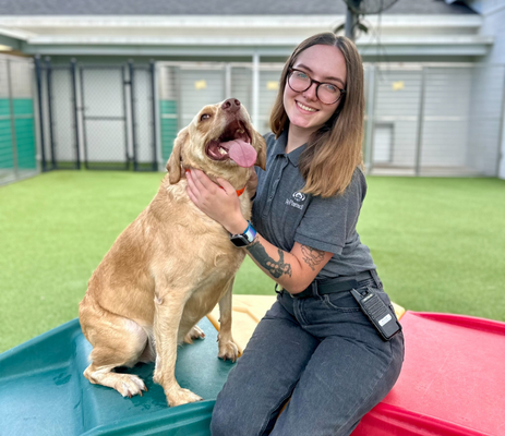 a woman sitting on a table with a dog