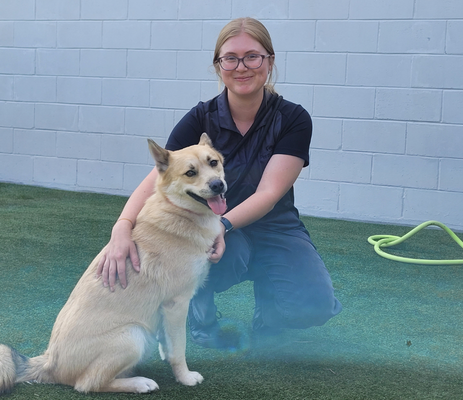 a woman kneeling with a dog
