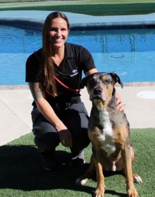 a woman kneeling next to a dog