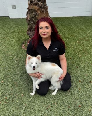 a woman sitting on grass with a dog