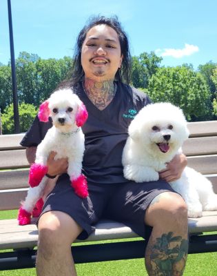 a man sitting on a bench holding two dogs