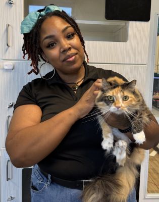 a woman holding a cat