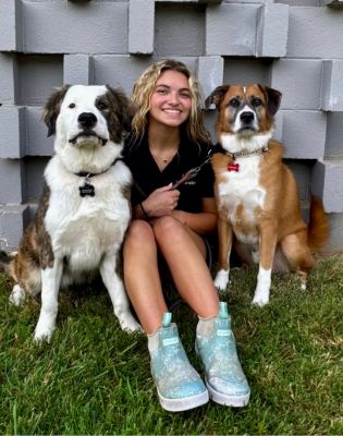 a woman sitting with two dogs