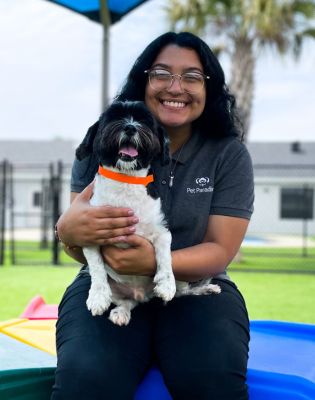 a woman holding a dog