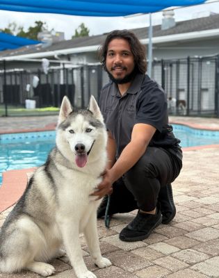 a man kneeling next to a dog