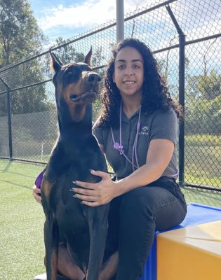 a woman sitting on a bench with a dog