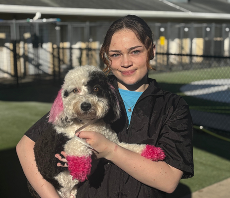 a woman holding a dog